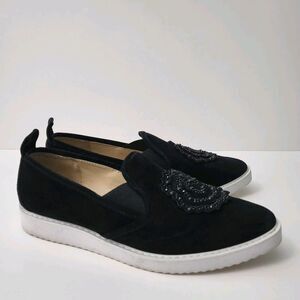 KARL LAGERFELD Cyra Womens 7 Embellished Black Kidsuede Leather Slip-On Flats